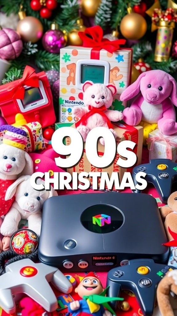 A colorful display of 90s Christmas gifts including Tamagotchi, Beanie Babies, and Nintendo 64.
